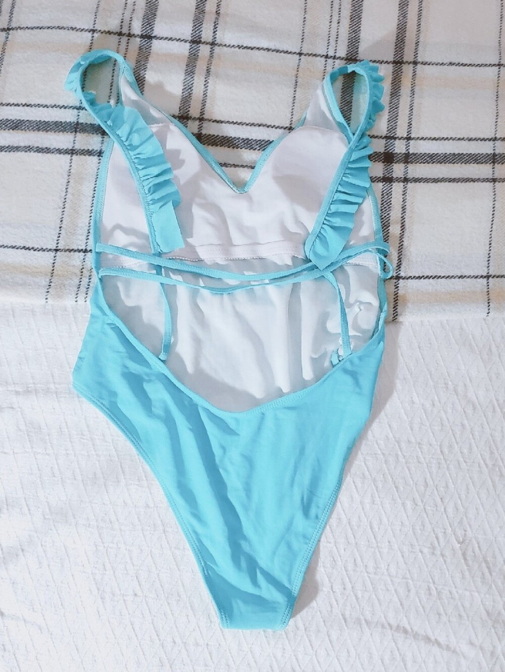 Mint Blue Ruffled Butterfly Strap V Low Back One Piece Cheeky Swimsuit